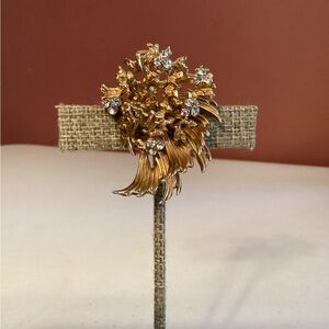 Vintage GROSSE Gold Tone Floral Brooch Rhinestone Spray Signed Mid Century